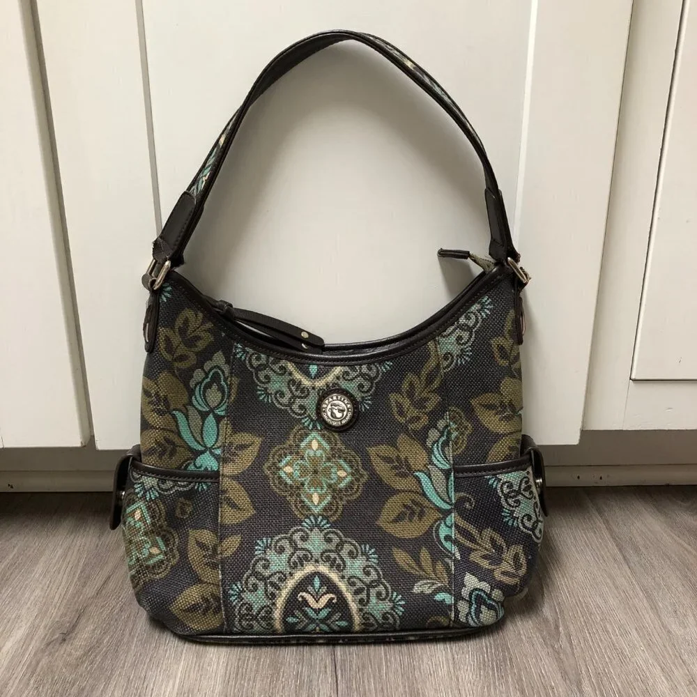 Spartina 449 Aqua Teal Paisley Tote Shoulder Bag Purse Linen Leather Handbag